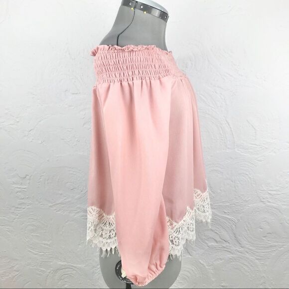 About A Girl Pink Off Shoulder Cream Lace Trim Top - Picture 3 of 8